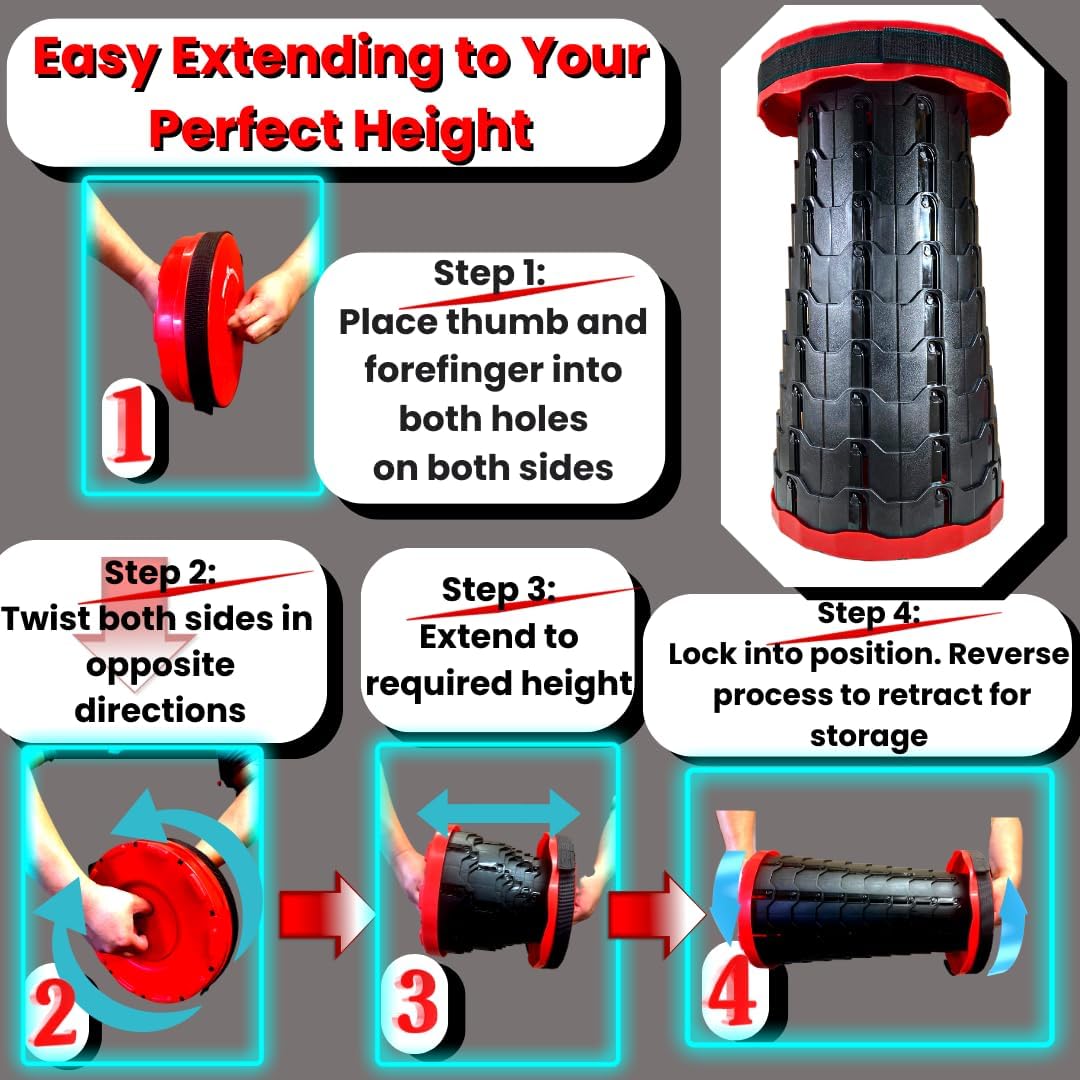 Smith & Barker Upgraded for 2025 Premium Telescopic Folding Stool for Adults and Children Outdoor Indoor Portable Collapsible Foldable Fishing Hiking Camping Festivals Seat (Red)