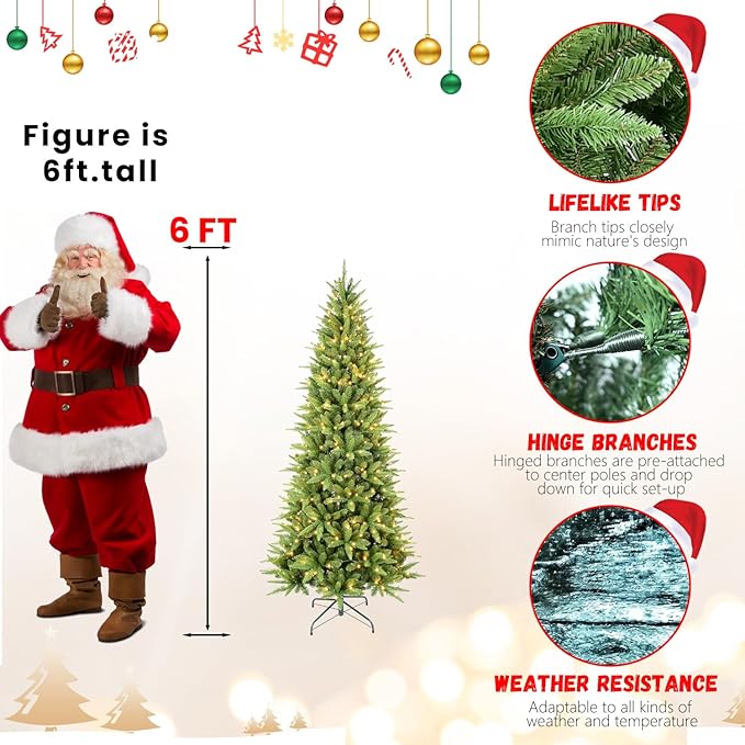 6ft Skinny Christmas Tree with 300 Warm White Lights, Premium Pre Lit Slim Artifical Christmas Tree with 850 Branch Tips, Memory Wire Hinge Narrow Xmas Trees with Foldable Metal Stand for Holiday