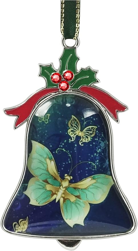 Pretty Butterfly Christmas Ornament Bell Pendant Decorative Metal Glass Hanging Christmas Bell Ornaments for Home Decoration Party Decor Butterfly