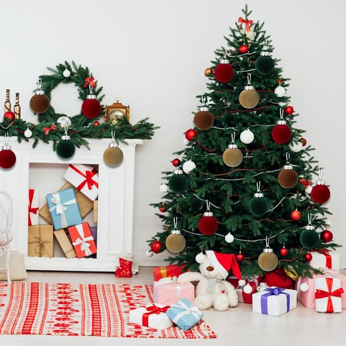 YUJUN 12 PCS Christmas Large Velvet Balls Ornaments 2.36In Shatterproof Red Green Tree Hanging Plastic Ball Set Xmas Bulk Flocked Ornaments for Christmas Tree Home Party Wreath Decorations