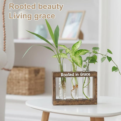 Rooted in Grace Propagation Station – Wooden Plant Holder with 3 Glass Vases, Indoor Rooting Station for Cuttings, Christian-Inspired Gift for Women, Birthday, Housewarming, Plant Lover Décor