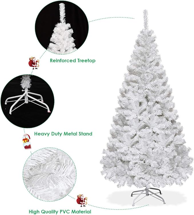 HAPPYGRILL 6FT Unlit White Artificial Christmas Tree with Solid Metal Stand, PVC Material 650 Branches Xmas Tree