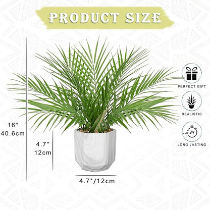 Hollyone Large Artificial Potted Plants Fake Palm Plants 16" Faux Green Plant Plastic Tropical Palm Tree in Marble Ceramic Pots Bohemian for Home Room Office House Indoor Decoration
