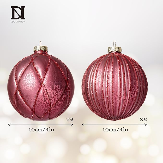 DN DECONATION 4PCS Christmas Ball Ornaments – 4” Burgundy Glass Hanging Ball Ornaments Set for Christmas Tree with Shimmering Silver Lines, Winter Home Decor Xmas Party Decorations Wedding