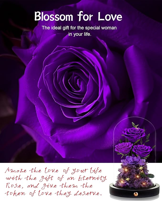 Flowers Roses Gifts for Mom Grandma,Forever Preserved Rose in Glass Dome, Christmas Anniversary Thanksging Birthday Real Roses Gifts for Wife Women Mother in Law/Purple
