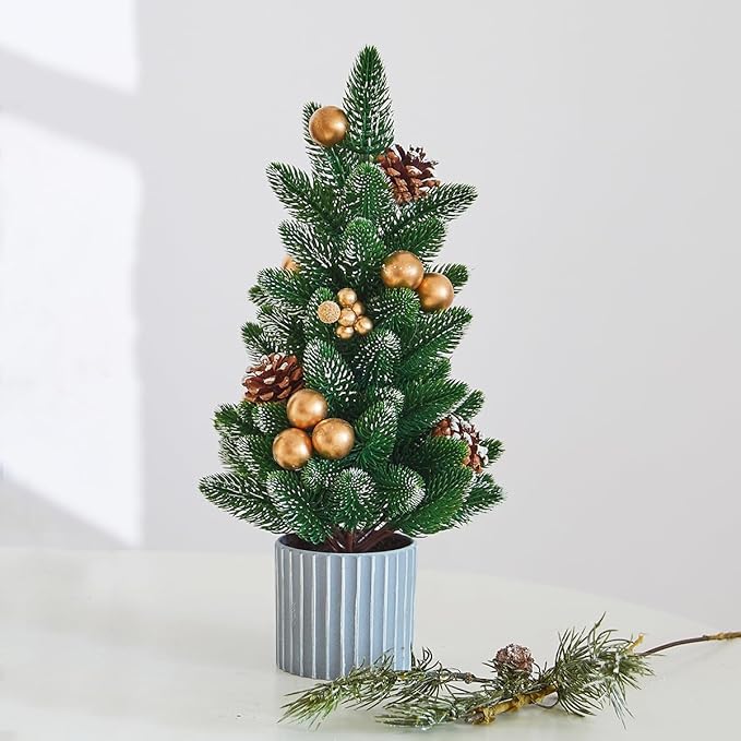 Classic Small Christmas Tree Table Decor - Mini Tabletop Artificial Tree Indoor Christmas Holiday Centerpiece for Desktop Home Office Bedroom Decor Gift(Gold Pine)