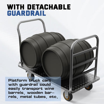 Platform Truck Cart with Detachable Baffle Guardrail,Heavy Duty 48x24 Inch Flatbed Cart with 2000 LBS Weight Capacity and 6In Swivel Caster Transporting Heavy Loads and Barrel with Ease & Efficiency