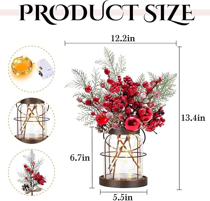 Rustic Vintage Glass Farmhouse Vase with LED Lights, Christmas Home Decor for Winter with Red Berry & Pine Cones, Farmhouse Vase for Decor, Home Decor Floral Arrangement Gift