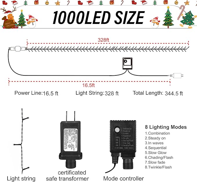 weillsnow 328 FT 1000 LED Christmas String Lights with Remote & Timer, 8 Lighting Modes Twinkle Lights, Waterproof Fairy Lights for Outdoor Bedroom Backyard Tree Wall Christmas Decoration (Red&Green)