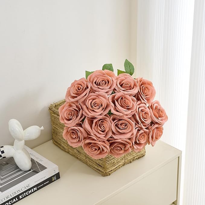 15pcs Fake Roses Light Dusty Rose Artificial Silk Flowers Faux Rose Flower Long Stems Bouquet for Arrangement Wedding Centerpiece Party Home Kitchen Decor