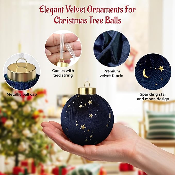 Christmas Tree Ornaments Velvet Balls - 12 Pcs Shatterproof Christmas Tree Hanging Bulbs Decorations Set for Holiday Party Xmas - Multicolor Rouge Blue Grey - 3.15 Inch (80mm)