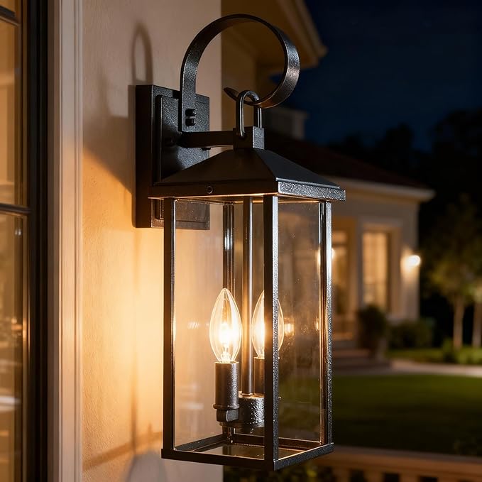 Porch Lights Outdoor Wall Light Fixtures Wall Mount, Modern Exterior Lighting Fixtures with Clear Glass Waterproof, 2-Light E12 Sockets Outside Garage Lights for House Patio Porch