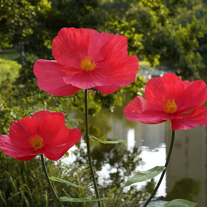 Large Paper Artificial Flowers,Giant Flowers for Decoration,Huge Handcrafted Poppy Fake Flowers with Stand for Home Decor Bridal Shower Party Outdoors Yard Event Backdrop Decor (red)
