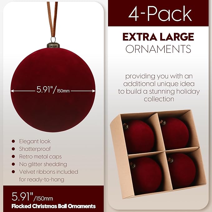 Sea Team 4-Pack Large Flocked Velvet Christmas Tree Ball Ornaments Set, Hanging Velour Baubles, Shatterproof Plastic Decorations for Xmas Tree, Wreath, Garland, 150mm/5.91 Inches, Burgundy
