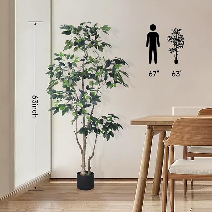 5Ft Artificial Ficus Tree with Realistic Leaves, Livelike Faux Silk Indoor Outdoor Plant for Home Office Decor Living Room, Porch, Garden Decor
