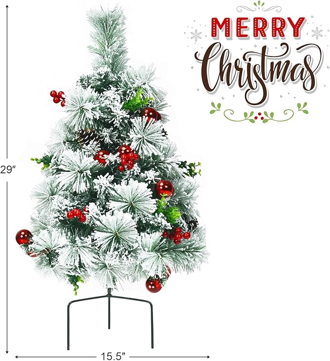 HAPPYGRILL Outdoor Pathway Christmas Tree Set of 2, Pre-Lit Snow Flocked Xmas Trees with LED Lights, 8 Light Modes, 29 inch Battery Powered Porch Christmas Trees for Holiday Decoration