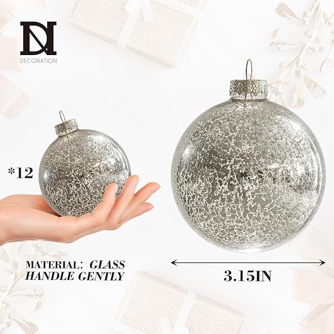 Christmas Ball Ornaments Set of 12pcs-3.15” Silver Mercury Glass Xmas Hanging Ball Decorations for Christmas Tree, Elegant Shiny Xmas Ornaments for New Year Thanksgiving Birthdays Holiday Party