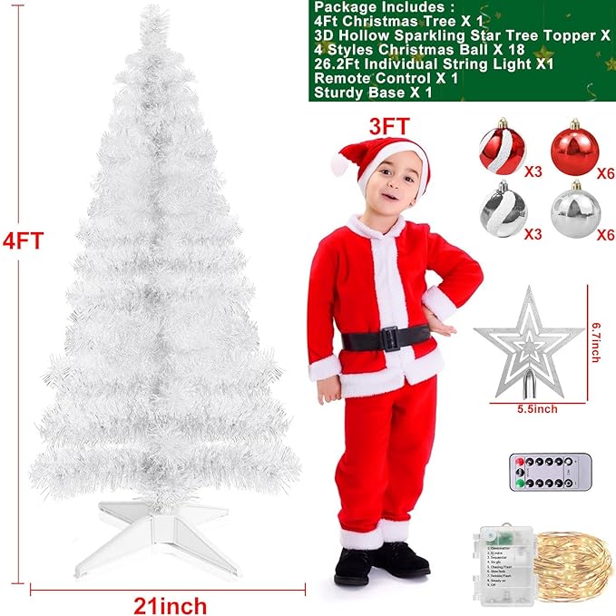4 Ft White Christmas Tree with Timer Remote Control 8 Mode 100 Warm White Light 18 DIY Ball Ornaments 3D Star Battery Operated Small Xmas Tree Table Indoor Holiday Decor