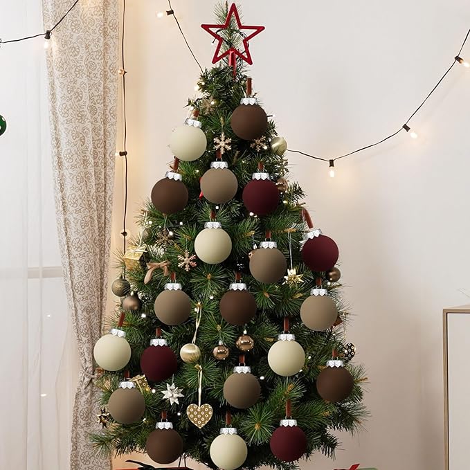 24 Pcs Neutral Matte Christmas Ball Ornaments 2.4 Inch Rustic Boho Burgundy Brown Camel Cream Xmas Bulbs Ornament Vintage Xmas Baubles Modern Christmas Decor for Tree Farmhouse Decor