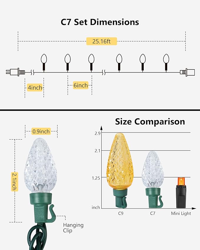 2-Set C7 Led Christmas String Lights, 25.16FT 50 LED Connectable Outdoor Indoor Decorative Light Strand, Warm White Holiday Lights for House, Christmas Tree, Patio, Party Decoration, UL Listed