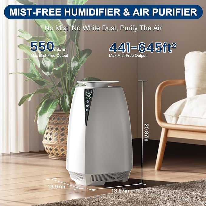 Humidifiers for Bedroom Large Room, 5L No Mist Humidifier for Baby Plants Quiet Top-Fill Air Purifiers Air Cleaner, Tap Water Use, Last 12-Hour, Remote & LED Touch Control