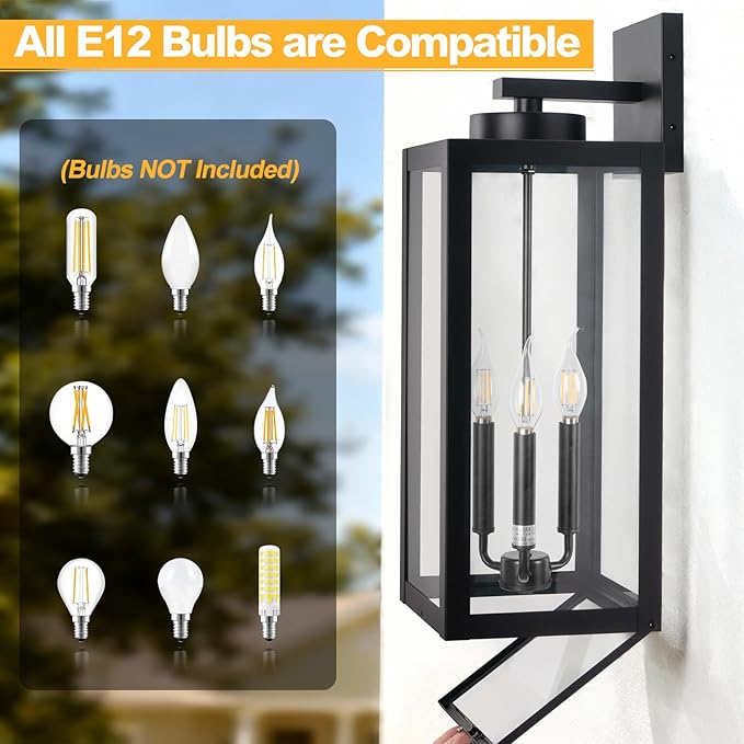 24" Extra Large Fully Enclosed Outdoor Light Fixture 3-Light, Black Outdoor Porch Lantern Wall Mounted, Waterproof Modern Outside Wall Sconce Coach Lamp for House, E12, 2 Packs