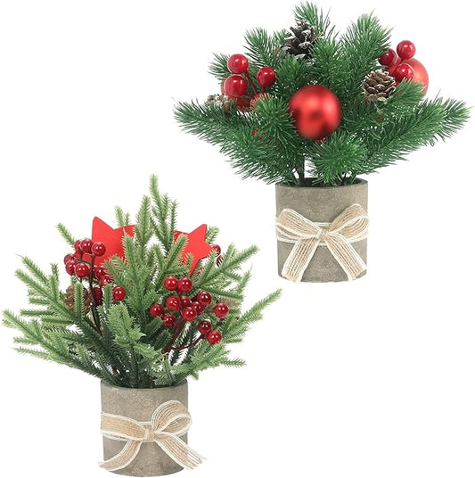 2PCS Small Christmas Tree,Tabletop Mini Xmas Tree,9" Artificial Little Potted for Christmas Decor,Suitable for Weddings, Holidays, Christmas and Other Festivals.(Star/Ball)