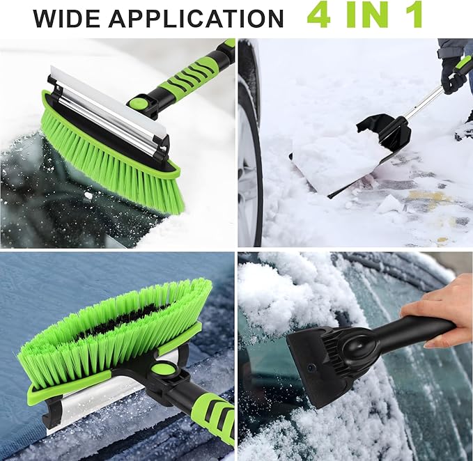 YOUGFIN 4 in 1 Ice Scraper & Snow Brush & Snow Shovel for Home Car, 43" Extendable Window Ice Removal with Squeegee for Windshield, Heavy Duty Snow Cleaner with Foam Grip & 180° Rotating Head for Auto