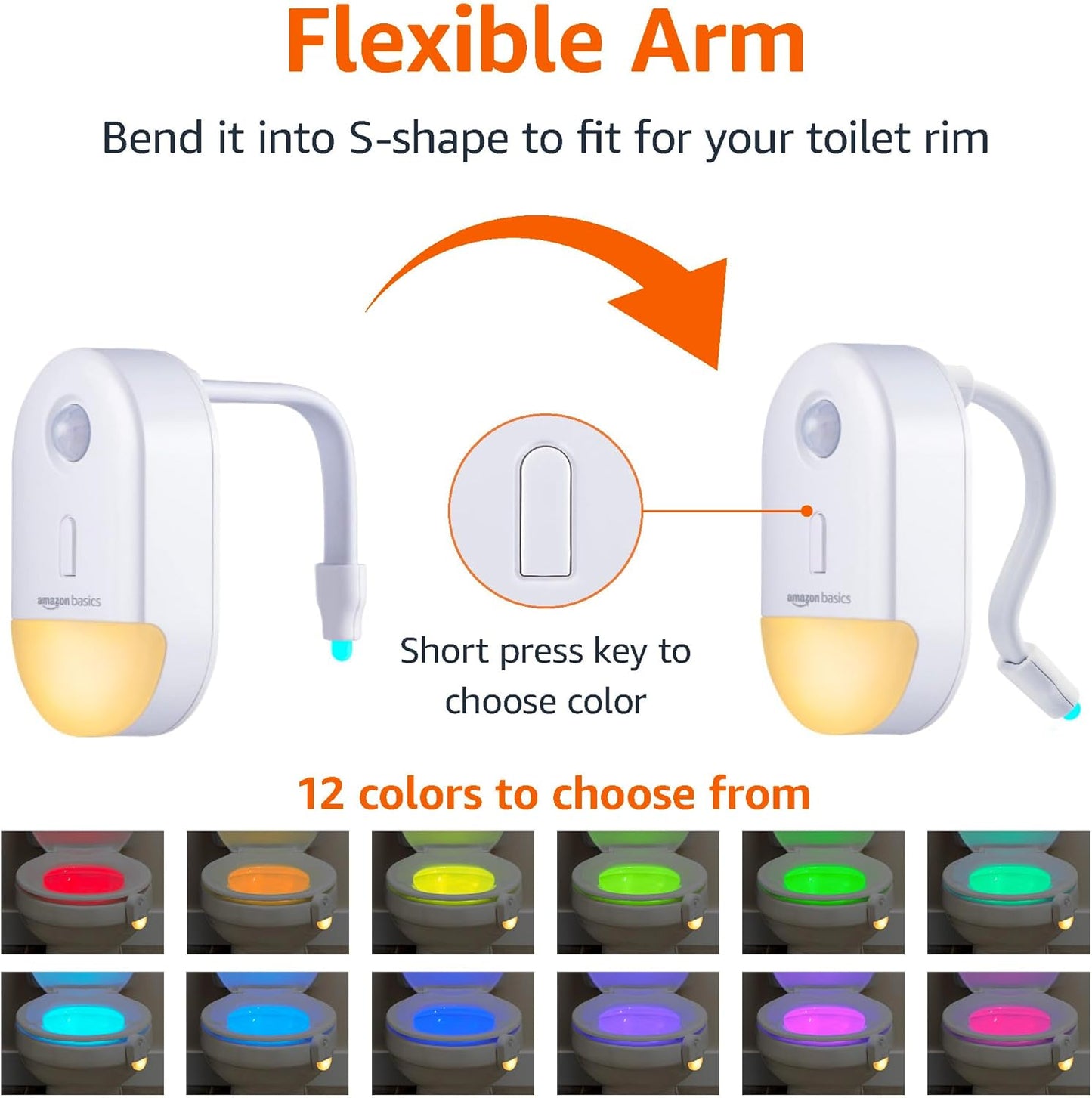 Amazon Basics Color Changing LED Toilet Bowl Motion Sensor Light, Battery Operated, 2 Pack, White