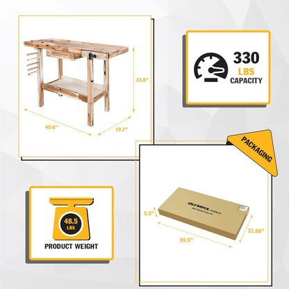 Olympia Tools 48-Inch Acacia Hardwood Workbench with Drawer - 330lbs Weight Capacity Heavy Duty Portable Wood Work Bench Table for Garage, Workshop, Home Storage - Woodworking Wooden Workbenches