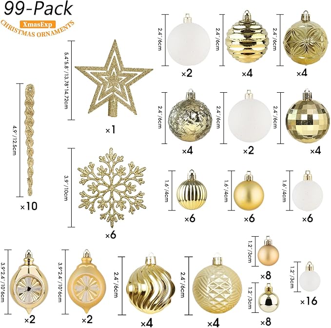 XmasExp 99-Pack Christmas Ball Ornaments Assorted Shatterproof Christmas Tree Decorations with Hand-held Gift Package for Xmas Tree,Home,Party(Gold)