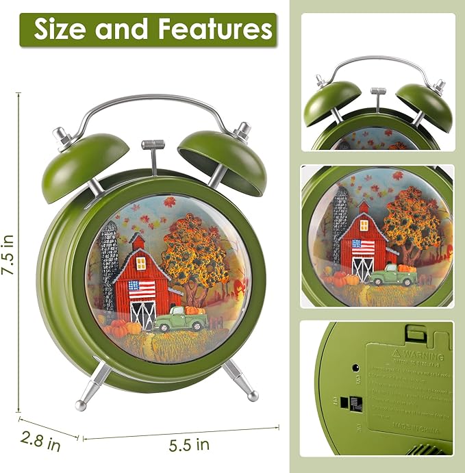 Alarm Clock Fall Snow Globe, Lighted Snow Globe Lantern 6H Timer Thanksgiving Snow Globe Thanksgiving Decorations Fall Decor (Green)