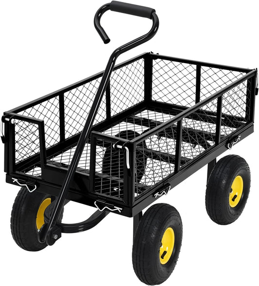 Heavy Duty Steel Garden Cart, 880LBS Pullable Metal Garden Wagon with 10" Wheels, 180° Rotating Handle and Removable Sides for Outdoor, Farm, Yard, Beach ﻿