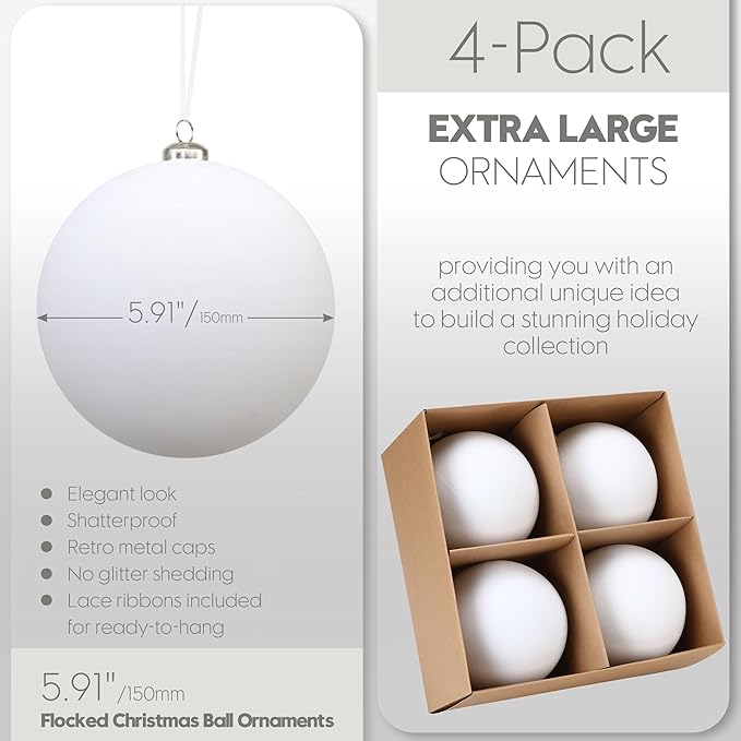Sea Team 4-Pack Large Flocked Velvet Christmas Tree Ball Ornaments Set, Hanging Velour Baubles, Shatterproof Plastic Decorations for Xmas Tree, Wreath, Garland, 150mm/5.91 Inches, White
