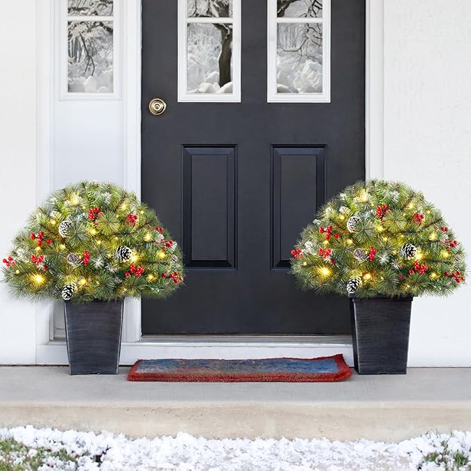 Set of 2 18 Inch Pre-lit Outdoor Christmas Tree with 50 Multi-Color Lights, Timer, Battery Operated Pre-Decorated Frosted Christmas Urn Filler for Pathway &Porch& Yard Decorations