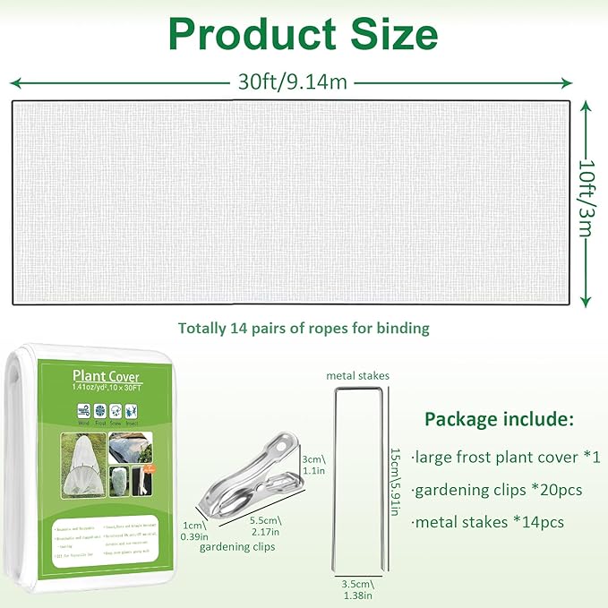 Plant Covers Freeze Protection, 10ft x 30ft 1.41oz/yd² White Frost Cloth Plant Blankets with 20 Stainless Steel Clips Floating Row Covers for Outdoor Gardens Vegetables Winter Frost Pests Protection
