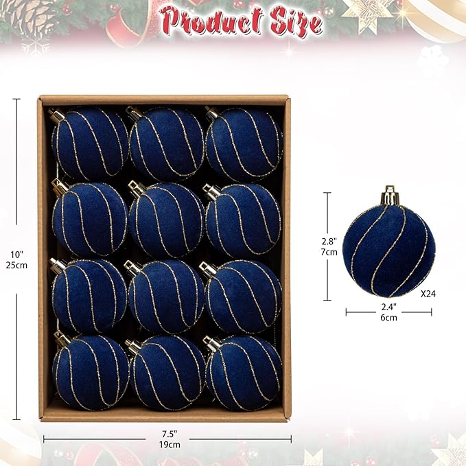 24PCS Velvet Christmas Ball Ornaments Set, 2.36" Shatterproof Baubles for Christmas Tree Decorations, Gold-Lined Hanging Baubles with Velvet Finish for Thanksgiving Holiday Party Décor, Navy Blue