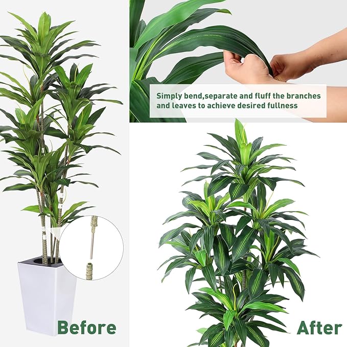 Artificial Dracaena Plant 6ft with White Tall Planter, Potted Artificial Dracaena Silk Plant, Fake Yucca Tree Plant, Home Office Floor Room Decor Plants Indoor Outdoor, Housewarming Gift