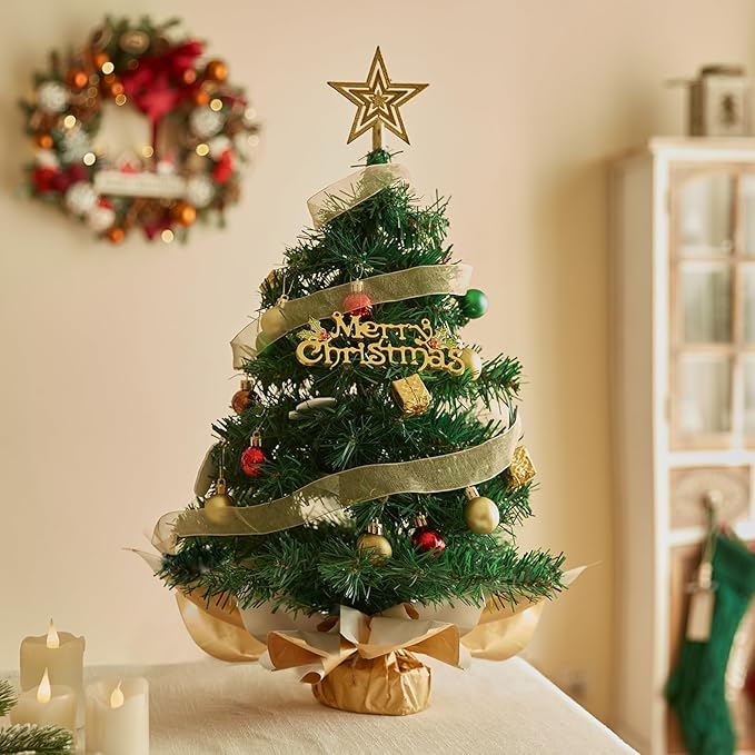 Small Mini Christmas Tree with 50 LED Lights 24 Inch /2FT Tabletop Prelit Artificial Christmas Tree Decorated Gift Boxes and Hanging Ornaments for DIY Christmas Decoration