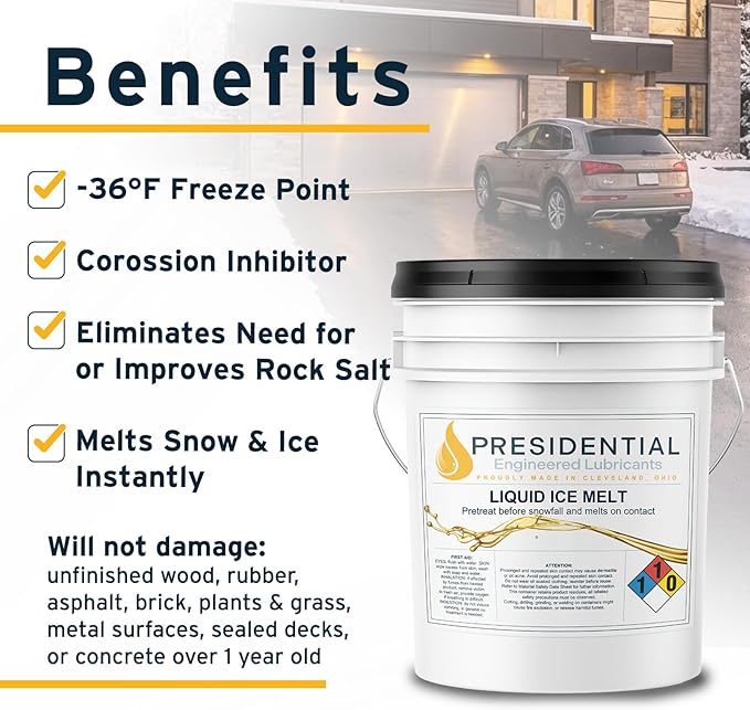 Presidential Liquid Ice Melt - Melts Snow & Ice on Contact - Pre-Treatment & Deicer - Safe On Grass, Plants & Metal - -36°F Freeze Point - Corossion Inhibitor - Made in USA - 5 Gallon