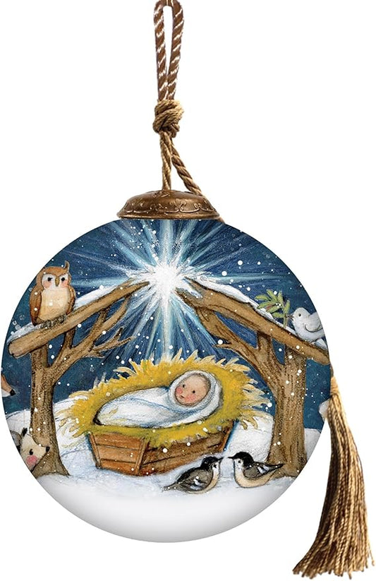 Baby Jesus Woodland Nativity Ornament–Hand-Painted Glass Holy Family Christmas Ornament – Manger Scene with Animals – Religious Christian Ornament – Catholic Keepsake