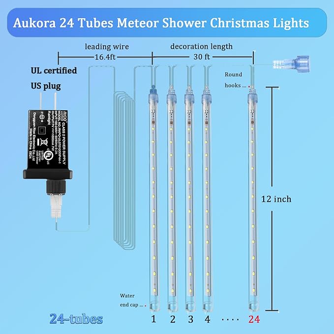 Aukora Blue Christmas Lights Outdoor, UL Plug 24 Tubes 576 LEDs Meteor Shower Light, Tandemable Icicle Snow Falling Rain Lights for Xmas Tree Halloween Decorations Wedding Party Holiday Garden Decor