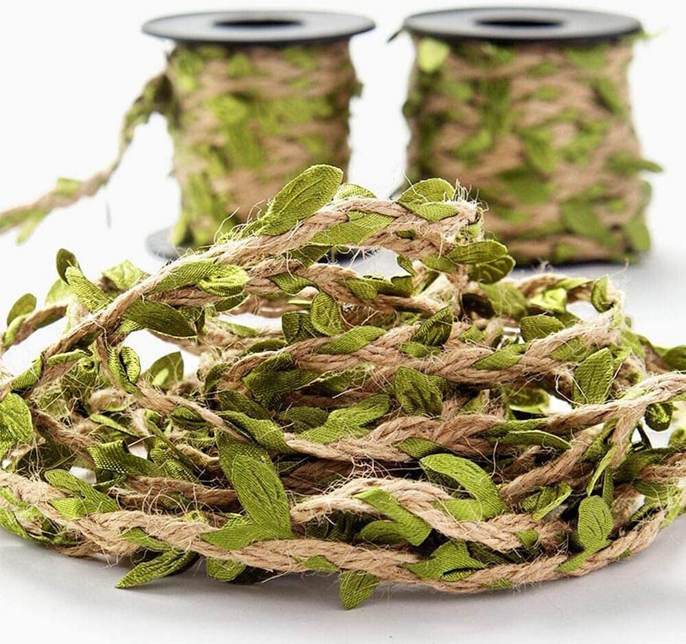 Burlap Leaf Ribbon 2 Rolls 66 Feet Total 5mm Natural Jute Twine with Artificial Green Leaves Braided Decorated Vine for Jungle Safari Party Wedding Garden Home Decor