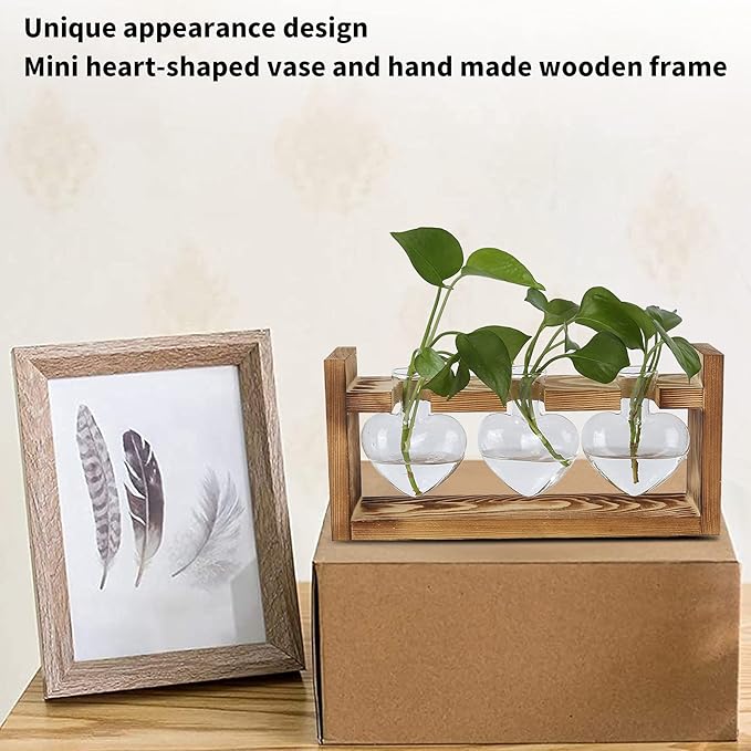 Plant Terrarium with Wooden Stand,Heart Shaped Transparent Glass Vase Flower Pot Hydroponics Plant Propagation Station for Hydroponics Plants Home Office Decor (Retro Box + 3