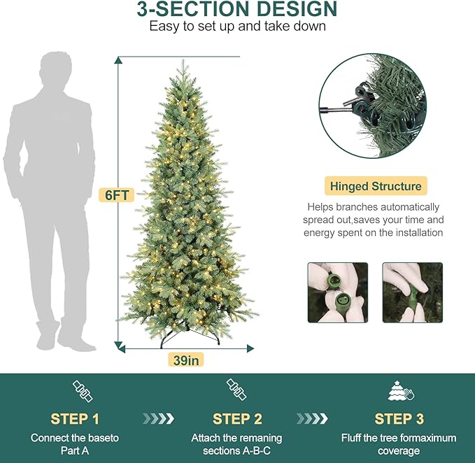 6 FT Prelit Artificial Skinny Christmas Tree,Blue Spruce Slim Pencil Xmas Tree with 1205 PE&PVC Mixed Branch Tips and 300 UL Listed Clear Lights,Hinged Pine Tree with Metal Stand for Home Office Décor