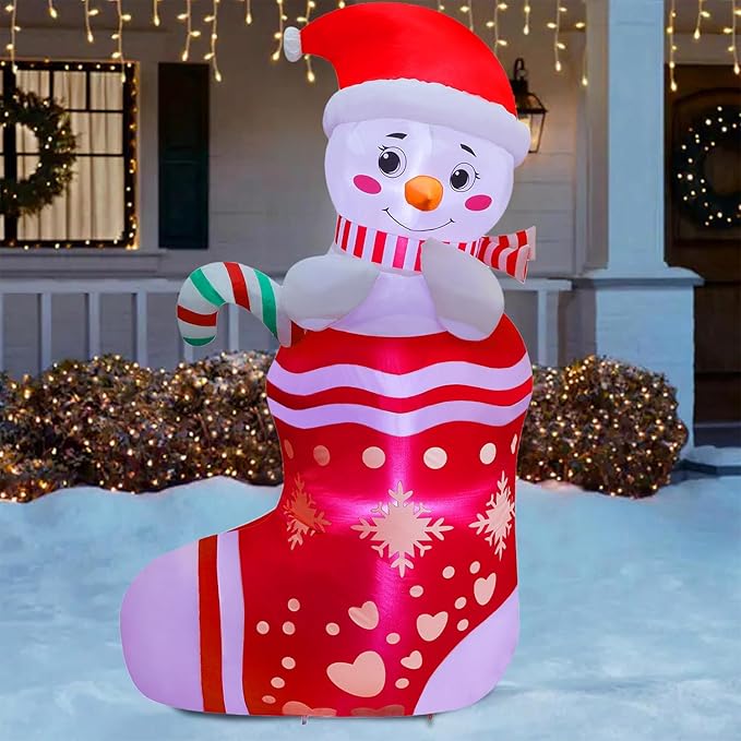 Juegoal Christmas Inflatables Outdoor Decorations, 5FT Inflatable Snowman in Xmas Stocking, Lighted Blow Up Snowman Standing on Christmas Socks with Built in Lights for Holiday Lawn Yard Garden Decor