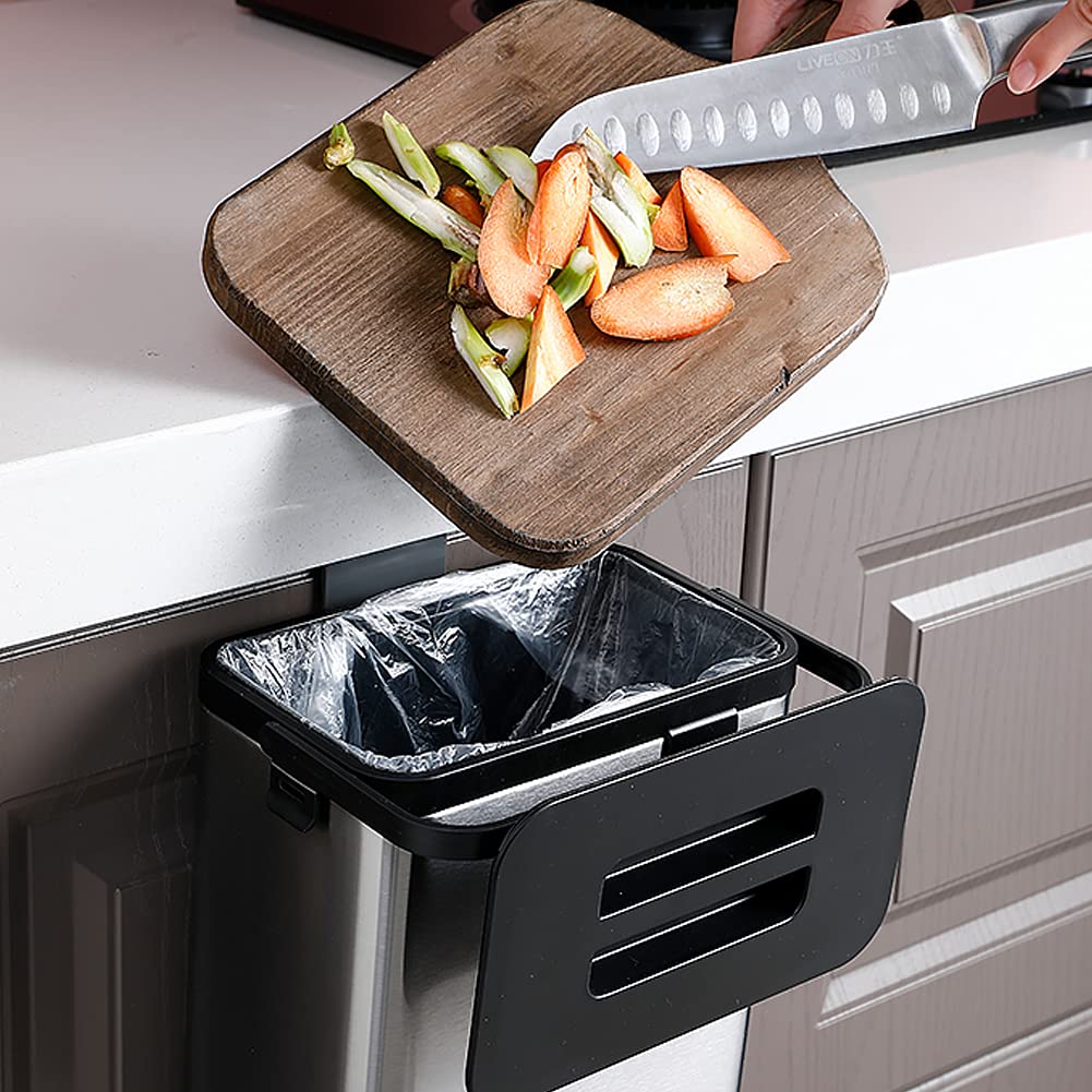 SIDIANBAN Hanging Trash Can with Lid for Kitchen Cabinet Door, 0.8 Gal/3L Stainless Steel Garbage Can Kitchen Compost Bin for Countertop or Under Sink