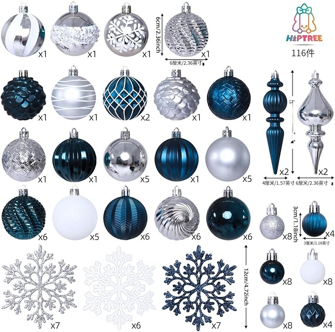 Christmas Tree Ornaments Decorations Set-116ct 1.18-6.5 Inch Assorted Silver Blue Shatterproof Decorative Hanging Christmas Ball Ornaments Bulk,Xmas Tree Tabletop Decorations for Holiday Decor