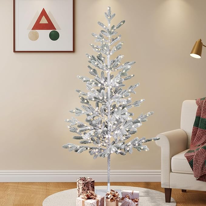 VINGLI 6ft Lighted Artificial Pine Tree, Flocked Christmas Tree with 550 Warm White Lights, 80 Branches for Indoor Outdoor Christmas Festival Party Decoration (Green)