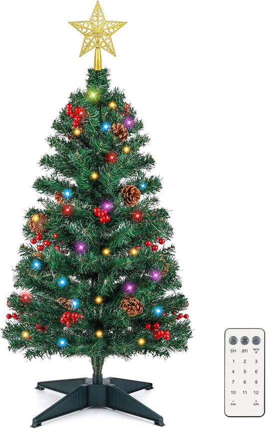 3FT Artificial Christmas Tree with Lights - 12 Lighting Modes, Timer&Ornaments, Mini Fake Xmas Tree for Tabletop, Home, Office, Christmas Decoration Tree Decor